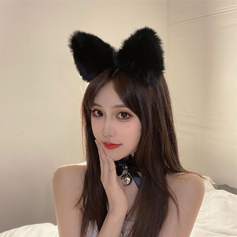 Fox Fur Plush Headband with Cat Ears and Bell Choker, Black — detail image 6