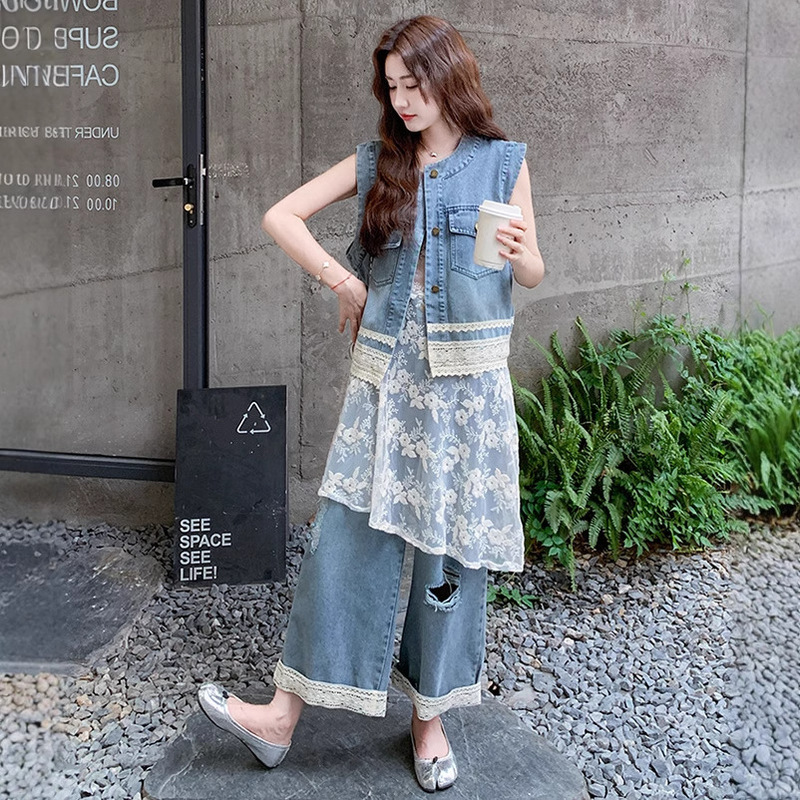 フレンチフライストリートデニムスリーピーススーツ女性用2025夏新作刺繍スプライシングベストレースインナーワイドレッグパンツスーツ|undefined