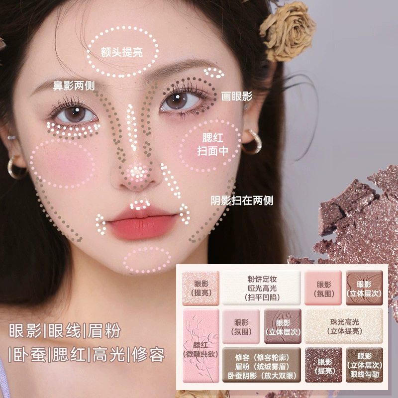 NOVO Matte eyeshadow palette, brightening highlighter, complex face blush, for beginners