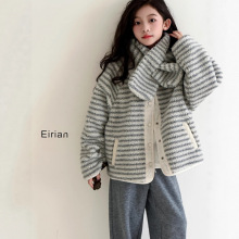 女童双面穿羊羔绒外套秋冬款洋气衣服气质女孩网红休闲条纹毛毛衣