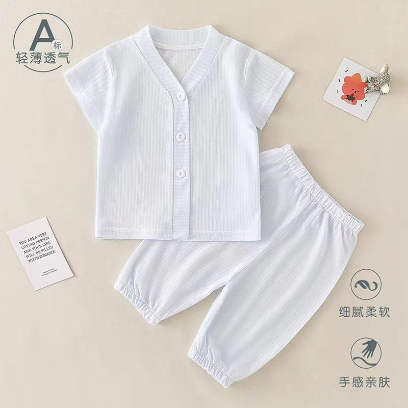 Baby Summer Short-Sleeved Suit Boy's Bamboo Fiber Breathable Air-Conditioned Suit Girl's Short-Sleeved Top Three-Quarter Pants Two-Piece Set