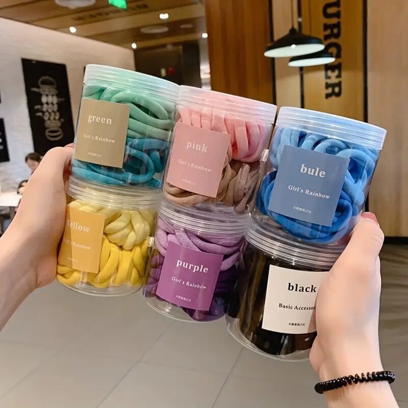 50本の缶入り韓国版グラデーションヘッドロープタオルリング皮筋シンプルキャンディー色ヘアロープ高弾力無縫い目ヘアリング|undefined