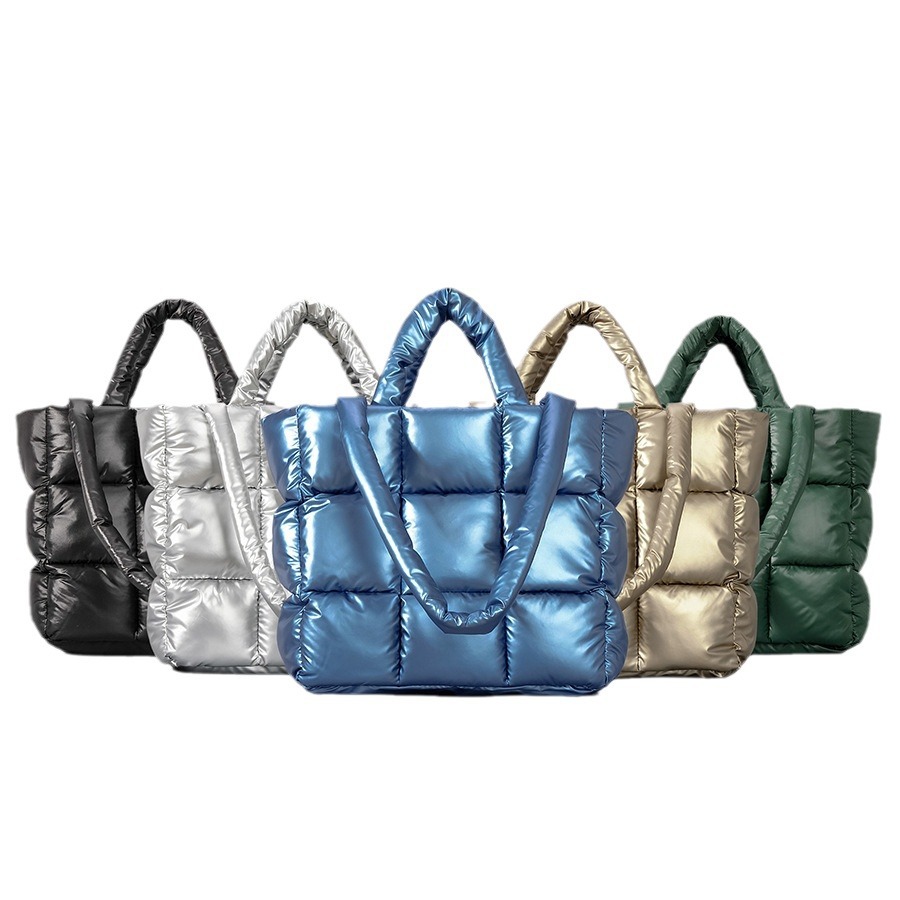 Women's Bags All Match Quilted Checkered Tote Bag For Women In Winter Soft Puff Shoulder Bag Nylon Large Capacity Cloud Bag_voghion.com