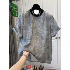 高級感ぼかしジャカード刺繍半袖シフォンシャツ女性の上着の丸襟が色にぶつかって肉がゆったりしているファッション夏の起爆金