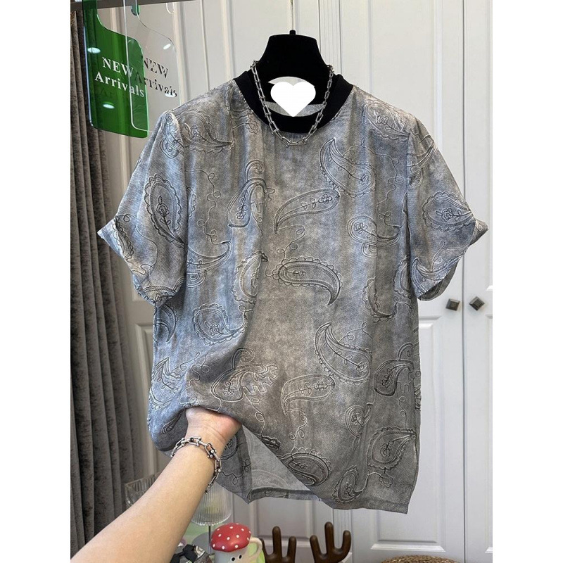 高級感ぼかしジャカード刺繍半袖シフォンシャツ女性の上着の丸襟が色にぶつかって肉がゆったりしているファッション夏の起爆金|undefined