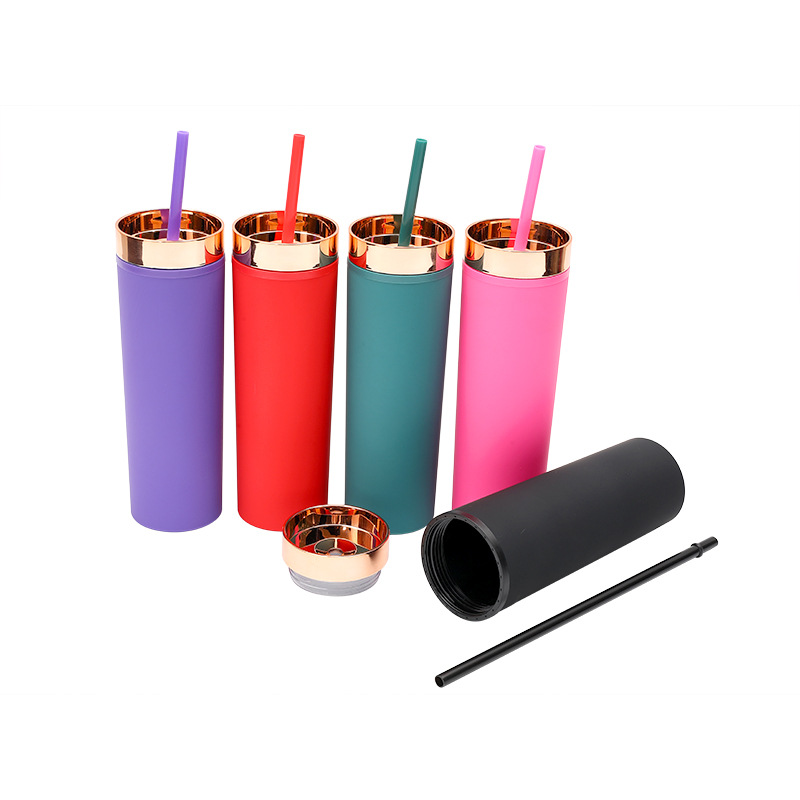 Transfronterizo Amazon Spot 16OZ Taza de paja recta Taza de plástico de doble capa con tapa de oro rosa Taza de agua de pintura de goma esmerilada