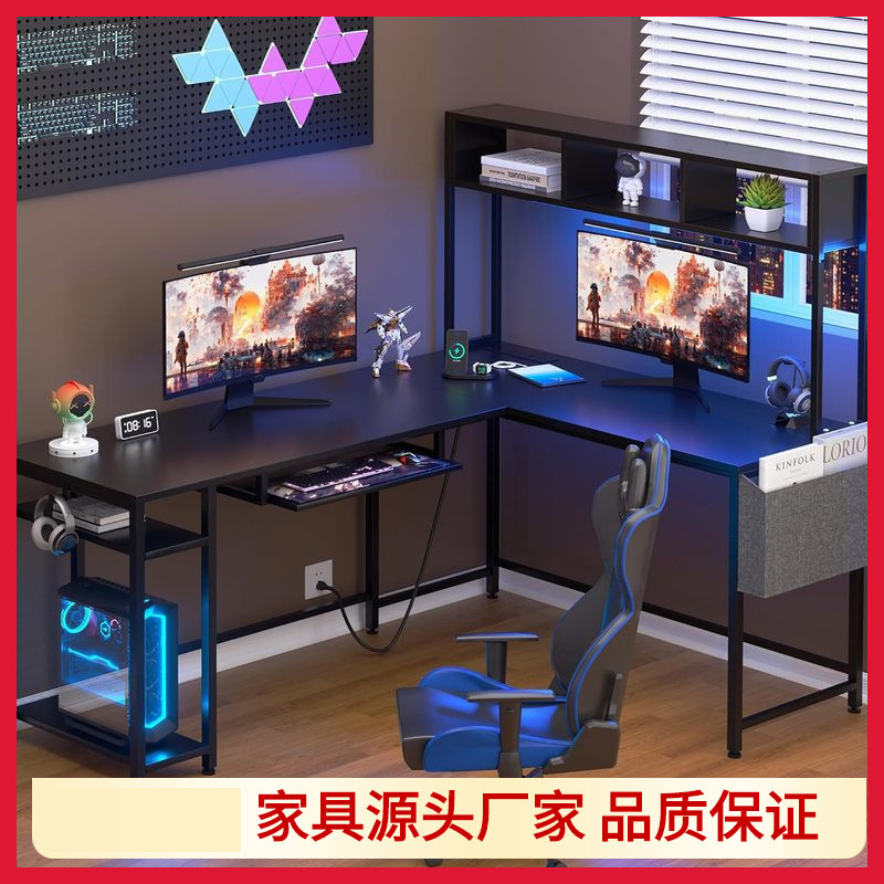 Computer Desk with Monitor Shelf L Shape Home Office Desk with Led Lights and Power Outlets Double Sided Gaming Desk