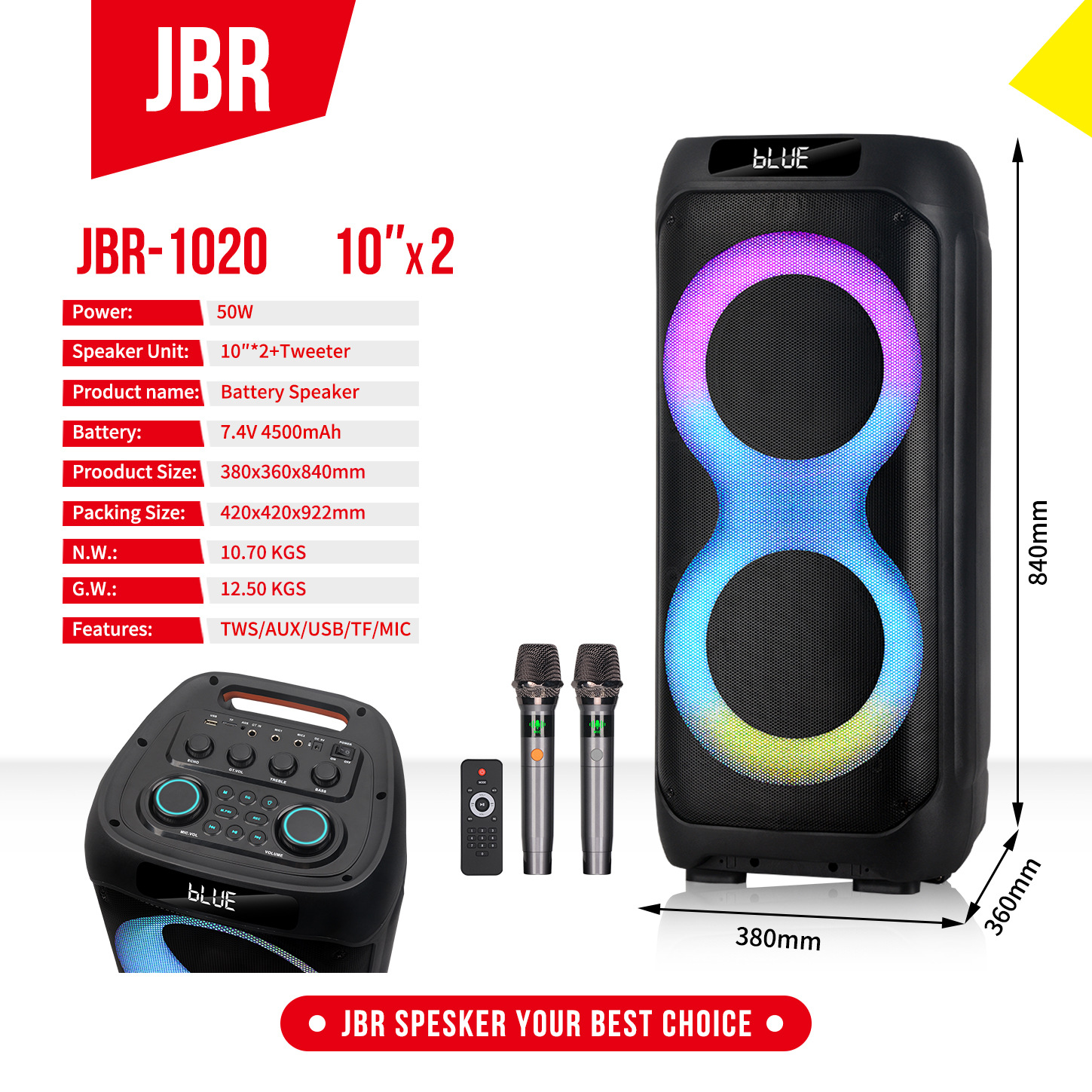 Un par de 10 pulgadas con micrófono inalámbrico 4500MAH Bluetooth estéreo de baile cuadrado al aire libre estéreo 1020