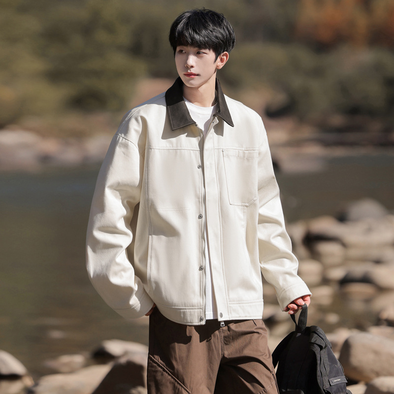 2025 Japanese-Style Multi-Pocket Color-Blocked Lapel Detroit Workwear Jacket for Men, Vintage Loose-Fitting Versatile Trendy Coat