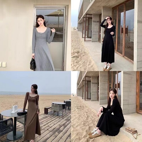 Elegant French-style black long-sleeve dress for women—early autumn, Hepburn-inspired, flowy silhouette, slimming fit, perfect as a versatile A-line base layer.