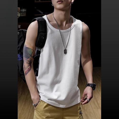 Summer Pure Cotton Heavyweight Solid Color Men's Sleeveless T-Shirt Backless Top Loose Plus Size Men's Kimono Short Sleeve T-Shirt Trendy