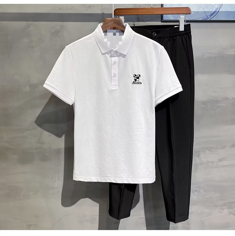 2024 Summer Thin Pearl Mesh Bear Embroidered Back Letter Print Slim Fit Elastic Polo Short Sleeves_voghion.com