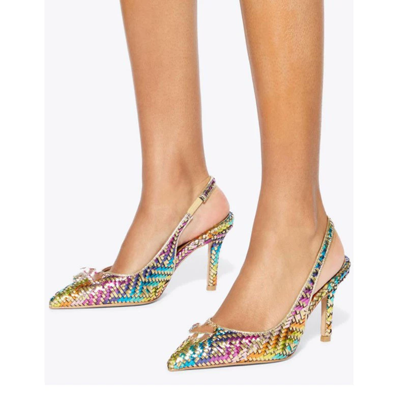 2025 новая экспортная модель женских туфель на шпильке с узором совы, с открытой пяткой и острым носком, украшенных джинсовой отделкой