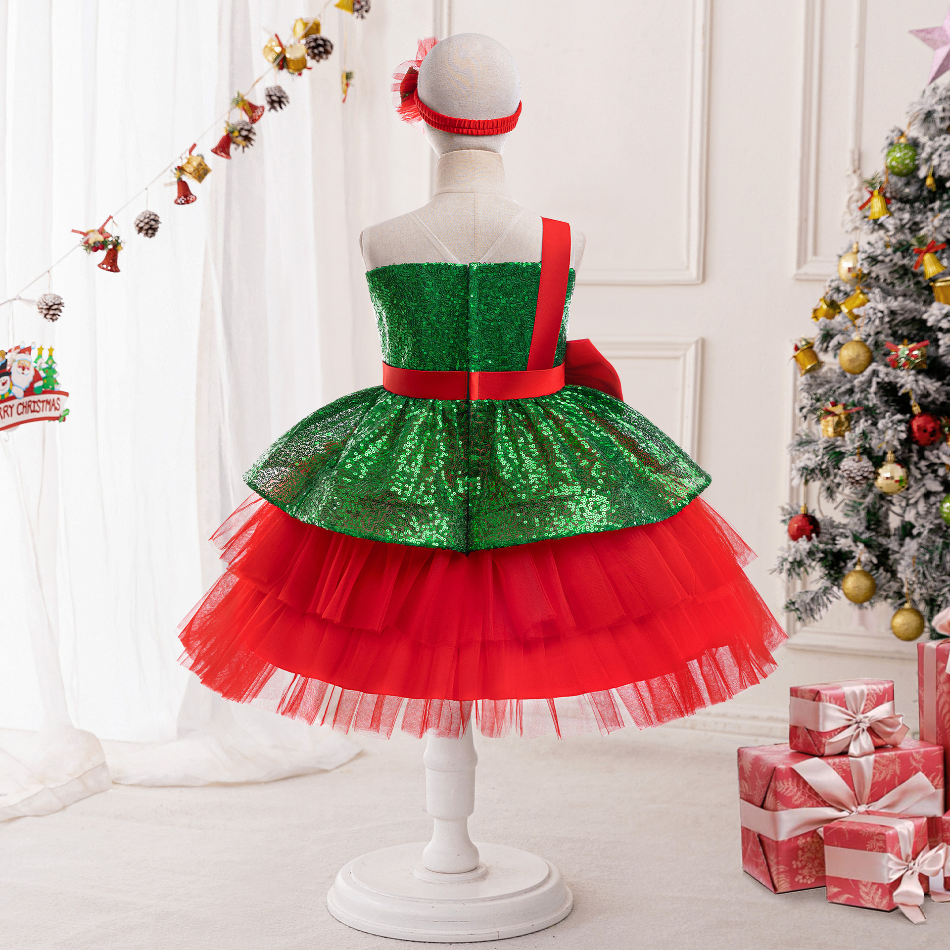 Europa y América ropa infantil de Navidad rojo verde vestido de princesa de malla de niños cosplay ropa de fiesta de Navidad