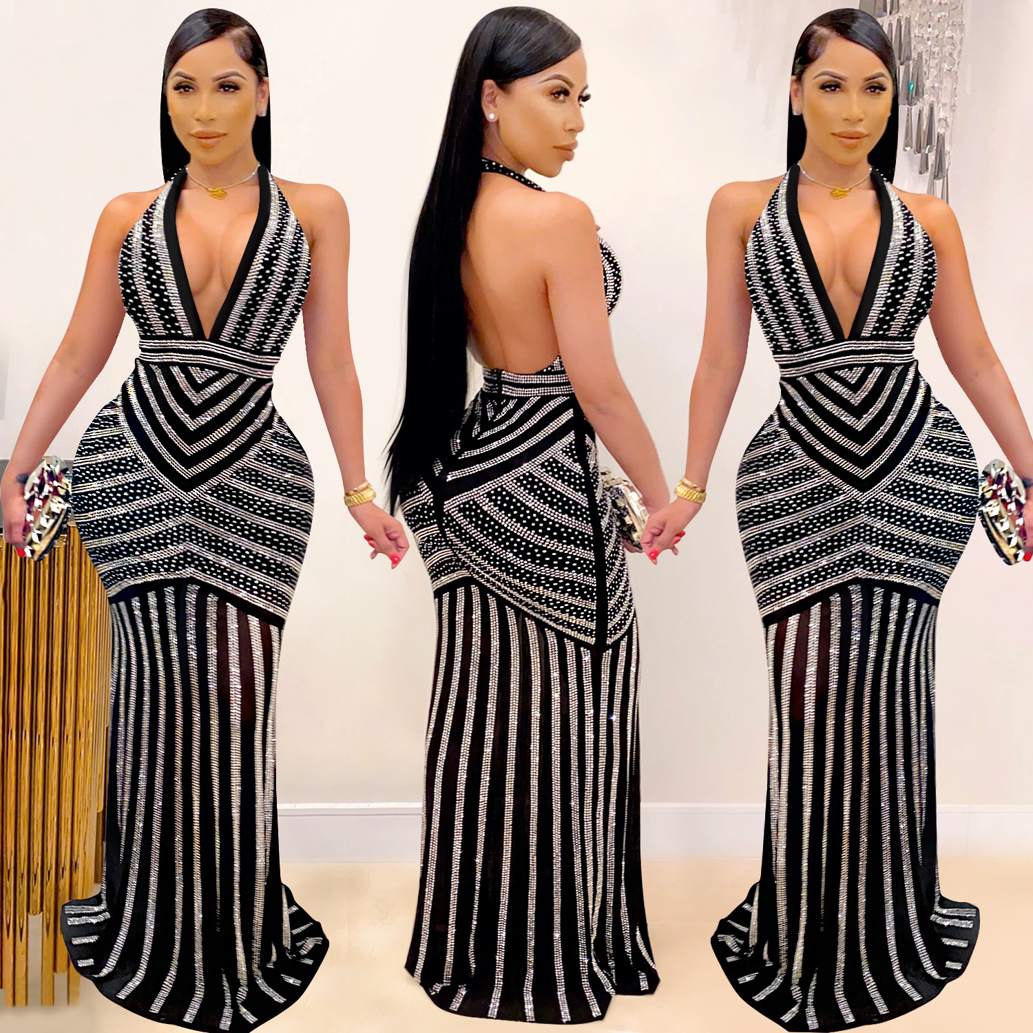 X3816 European and American Fashion Ebay Aliexpress Sexy Deep V Backless Nightclub Evening Dress Rhinestone See-Through Long Dress