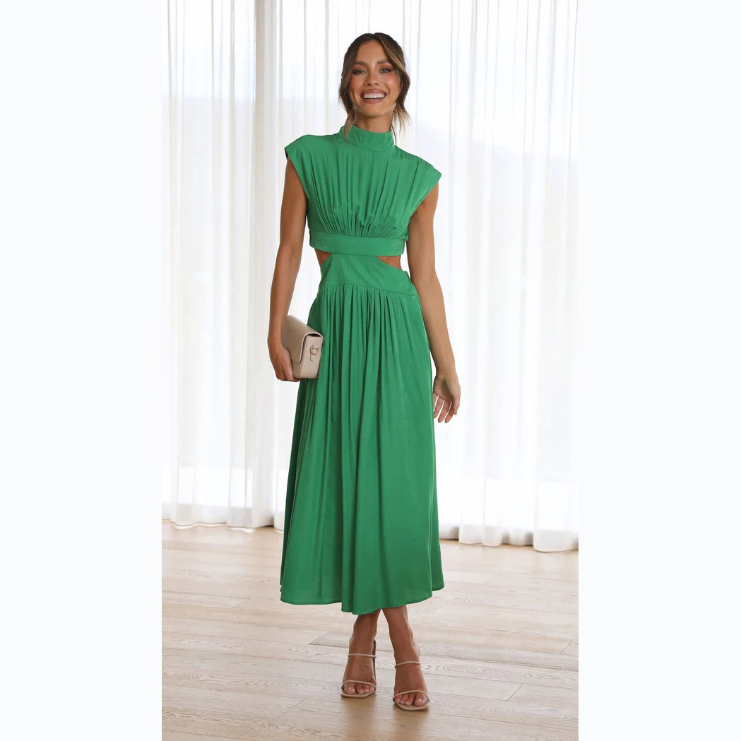 23 years of European and American foreign trade sweet fashion street summer new stand collar solid color exposed waist long dress 23003