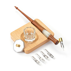 European retro slant pen solid wood pen holder glass pen washer cup English calligraphy pen crystal resin dipped pen holder