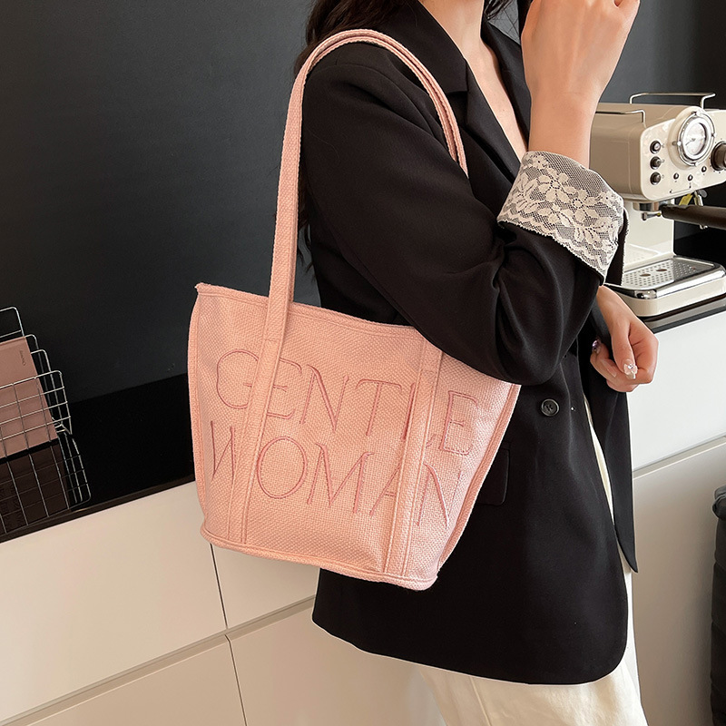 Large-Capacity Linen Shoulder Bag Tote Bag Fashionable Embroidery Letter Versatile Bucket Bag Female Mommy Outing Shopping Bag Large-Capacity Linen Shoulder Bag Tote Bag Fashionable Embroidery Letter Versatile Bucket Bag Female Mommy Outing Shopping Bag