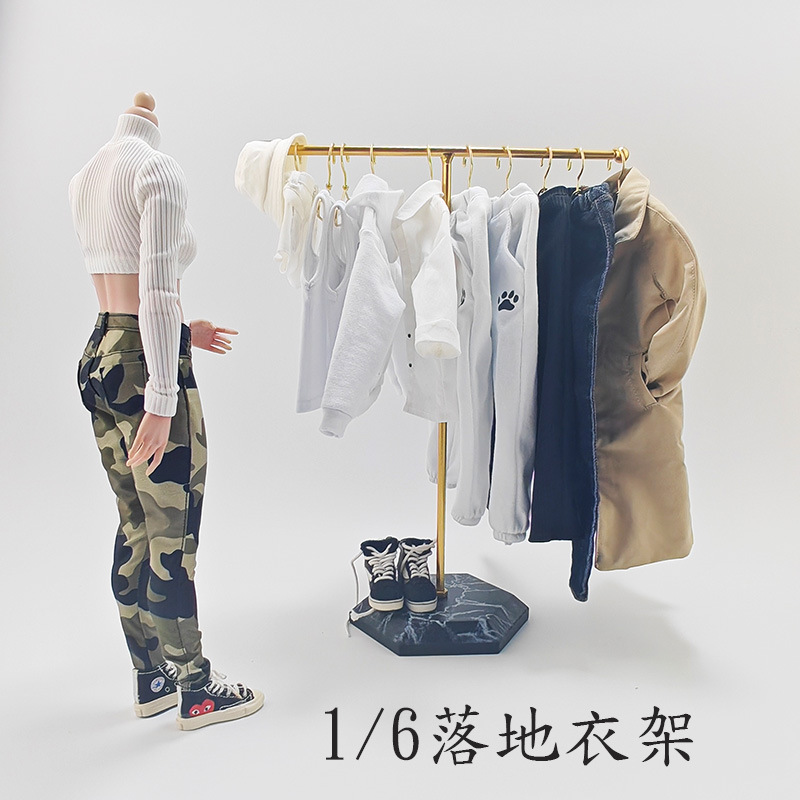 1/6 scale action figure floor clothes rack, BJD doll clothes rack with 12-inch doll clothes accessories, dollhouse clothes drying rack