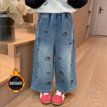 女童加绒牛仔裤子2025新款冬季阔腿直筒长裤儿童时尚宽松休闲百搭