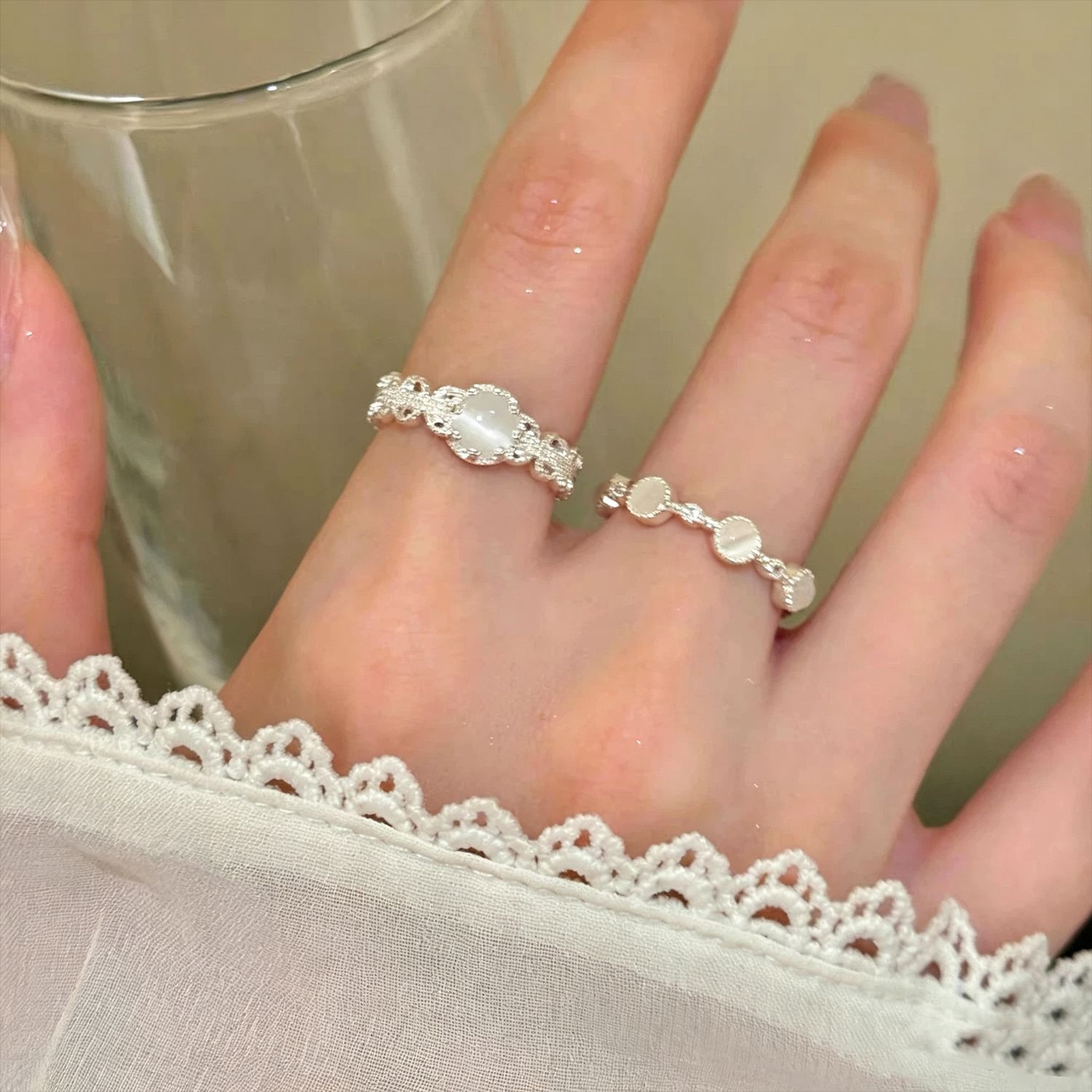 Fingertip soft glow~Super fairy cat-eye lace open ring for women, light luxury with a high-end feel, exquisite ring for stacking on the index finger