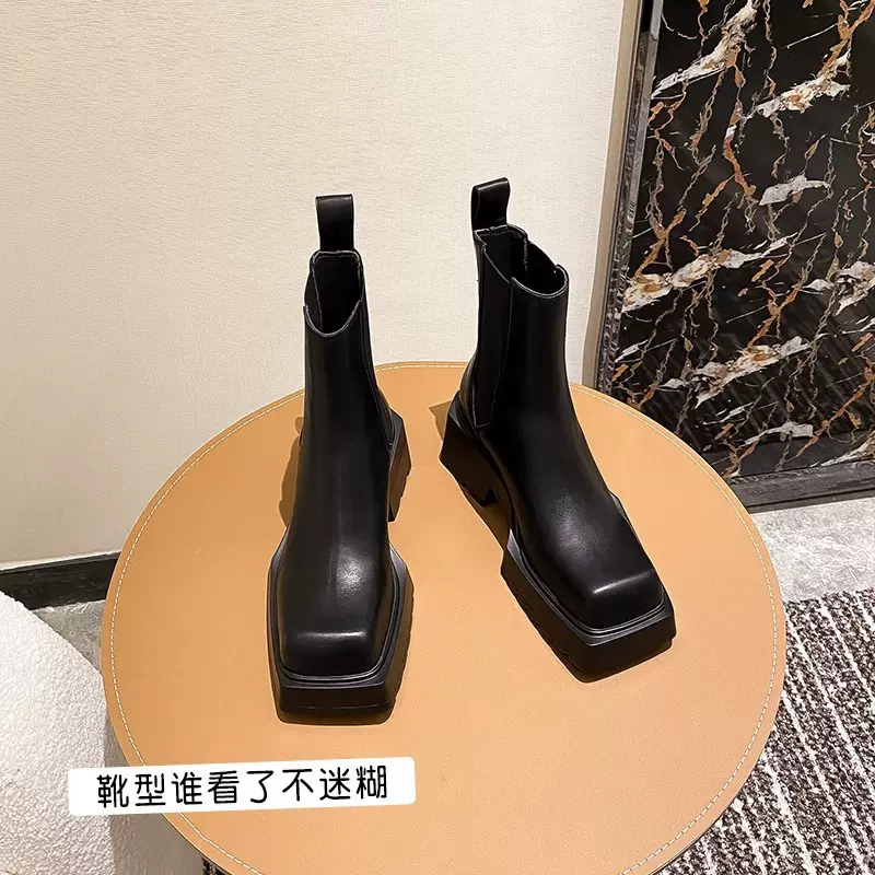 苏茵茵同款靴真皮小个子马丁靴女厚底方头粗跟切尔西烟筒靴内增高