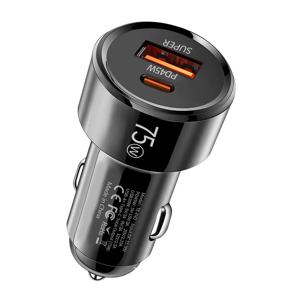 Cross-Border Exclusive Supply of 75W Car Charger A+C Dual-Port Car Phone Charger with Dual Fast Charging Usb+Pd Cigarette Lighter