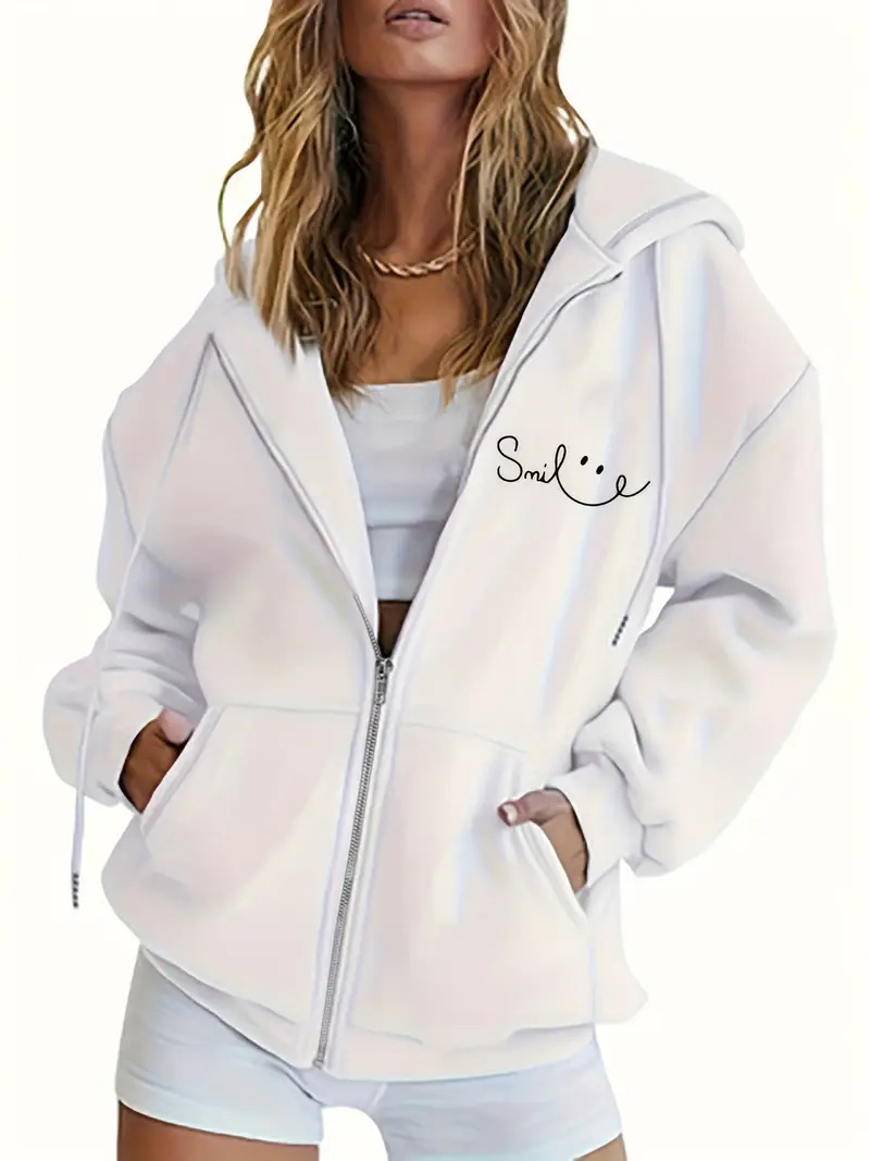 Women's Smiley Face Print Hooded Jacket Long Sleeve Fleece Lined Zip Up Street Style Loose Top_ecoleips.com