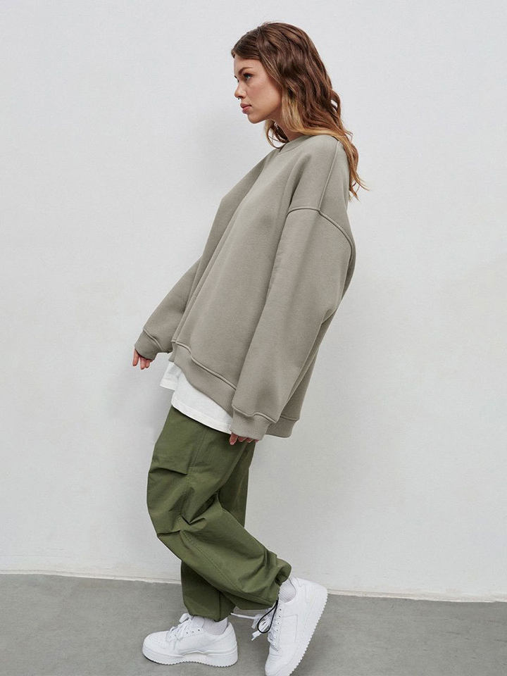 Áo sweatshirt nữ cổ tròn dáng rộng oversize tay dài chất liệu nỉ lông — Hoa màu xám, Màu cà phê, Màu trắng, Xanh navy chi tiết 36