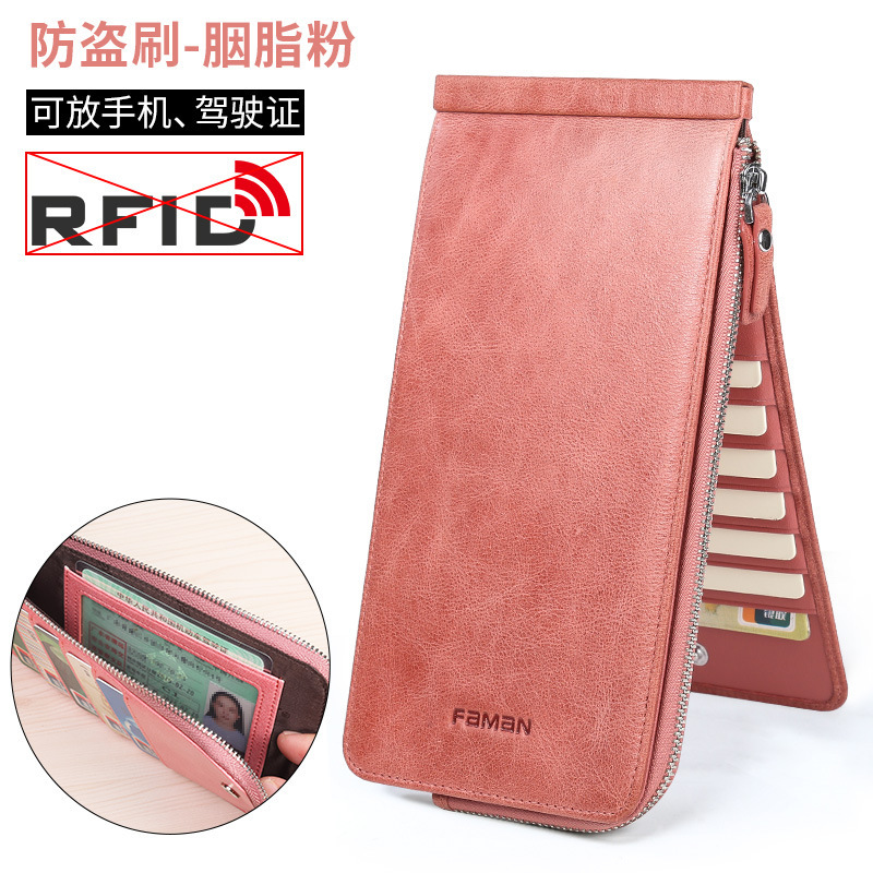 Cartera de cuero para hombre Cepillo antirrobo antimagnetizante Cartera de teléfono móvil Cartera de tarjeta Bolsa de una pieza Cartera de tarjeta Cartera de banco de gran capacidad