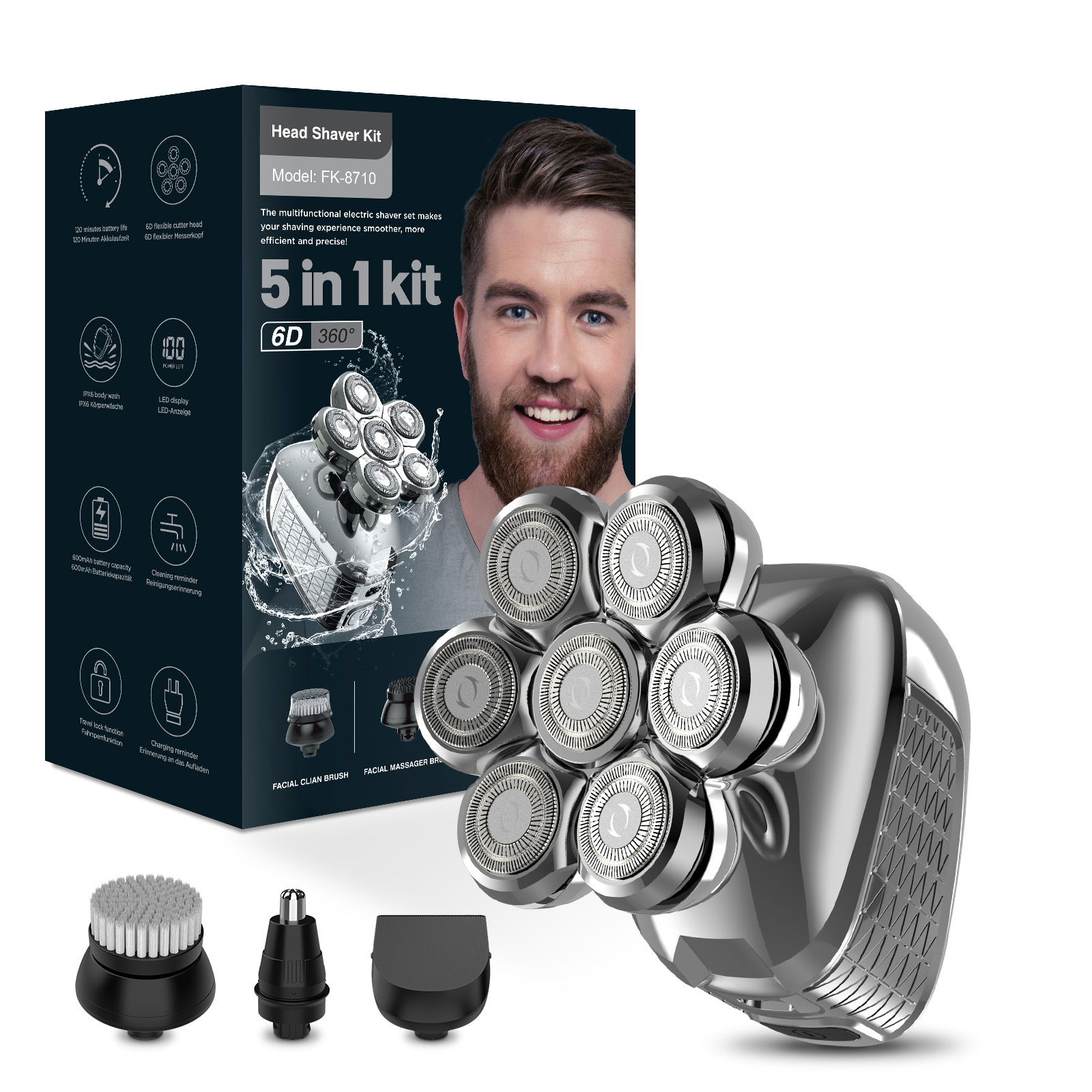 Cross-Border Six-Blade Electric Shaver, Washable, Men's Special Bald Head Shaving Machine, Multifunctional Shaver Wholesale