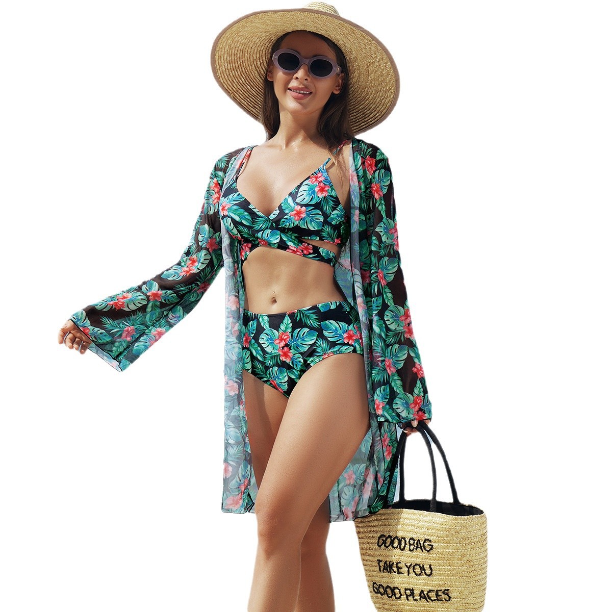 Mingyi moda de alta gama sexy playa traje de baño de tres piezas estampado multicolor europeo y americano bikini traje de baño de mujer BIKINI