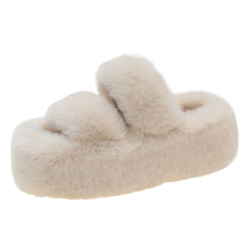 Внешняя торговля 7cm Женские меховые тапочки на толстой подошве для осенне-зимней верхней одежды. Новинка 2025 года: теплые хлопковые тапочки на плоской подошве с одним словом.