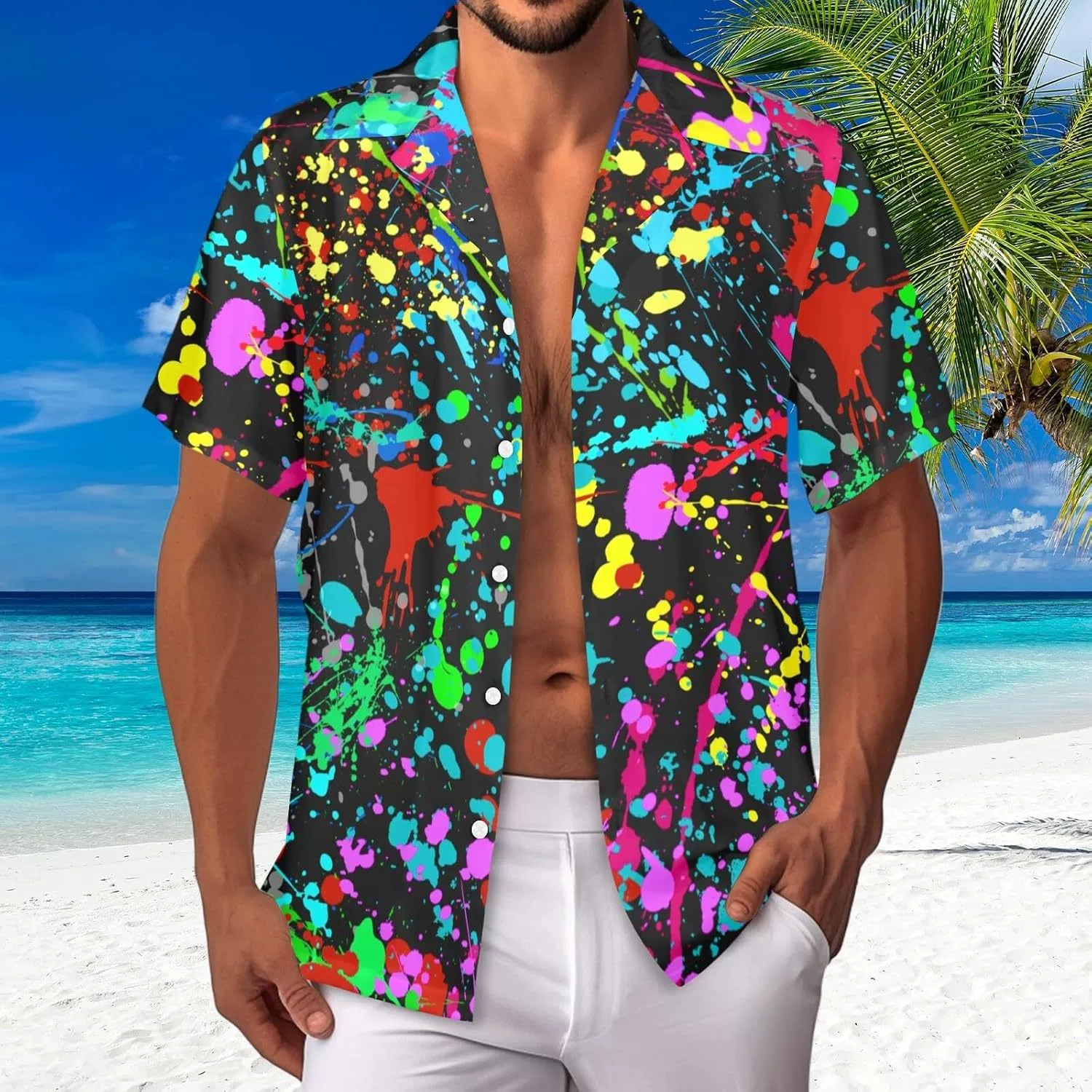 LESOCUSTOM 80s 90s Hawaiian shirt men's retro button short-sleeved shirt