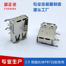 侧立式usb 母座 2.0 AF侧插长体卷边弯脚白胶90度插板USB充电接口