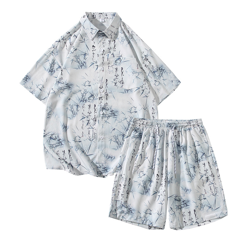 여름 남자의 새로운 아이스 실크 반팔 셔츠 반바지 2 피스 세트 중국 스타일 레트로 캐주얼 프린트 비치 세트