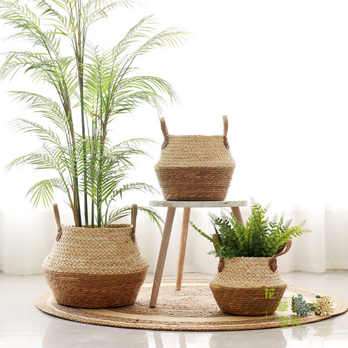 Nordic straw woven rattan decorative flower pots woven flower baskets home furnishings living room pastoral style floor-standing large flower pot gardening