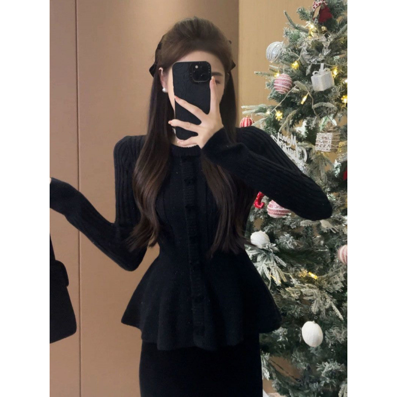 长袖套头针织衫秋冬新款收腰显瘦内搭打底衫红色蝴蝶结小香风毛衣|undefined