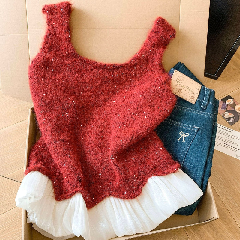 Korean-Style Heavy-Duty Sequined U-Neck Sleeveless Knitted Vest for Women, Early Spring Versatile Loose Fit Autumn and Winter Layering Vest Top Korean-Style Heavy-Duty Sequined U-Neck Sleeveless Knitted Vest for Women, Early Spring Versatile Loose Fit Autumn and Winter Layering Vest Top