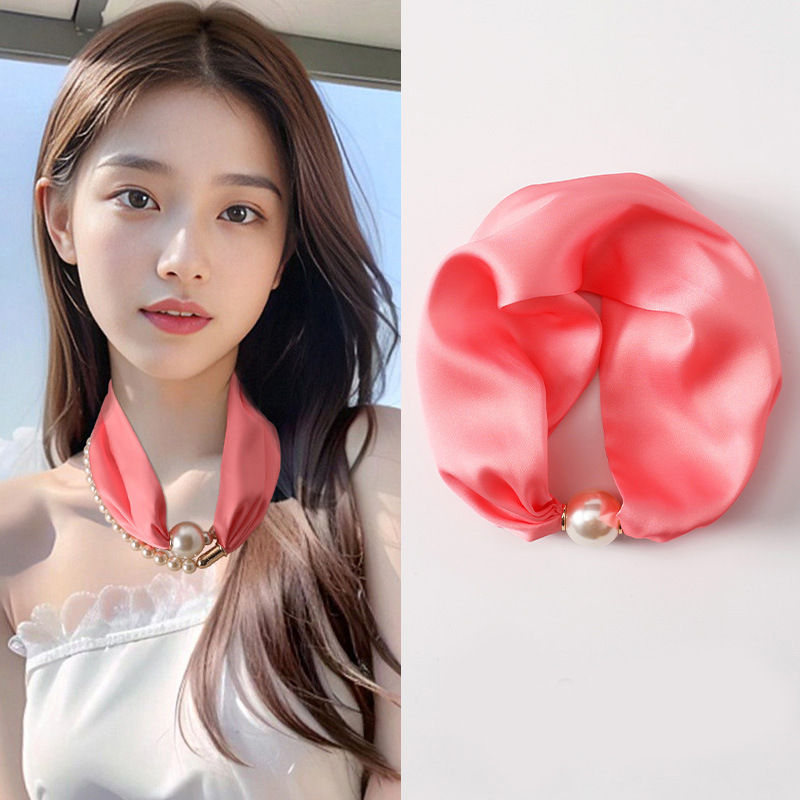 퓨어 워터멜론 레드(싱글 실크 스카프) - 라지 펄 마그네틱 버클 실크 스카프