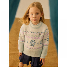 現貨22冬季新款韓版女童可愛復古水貂絨雪花提花針織套頭圓領毛衣