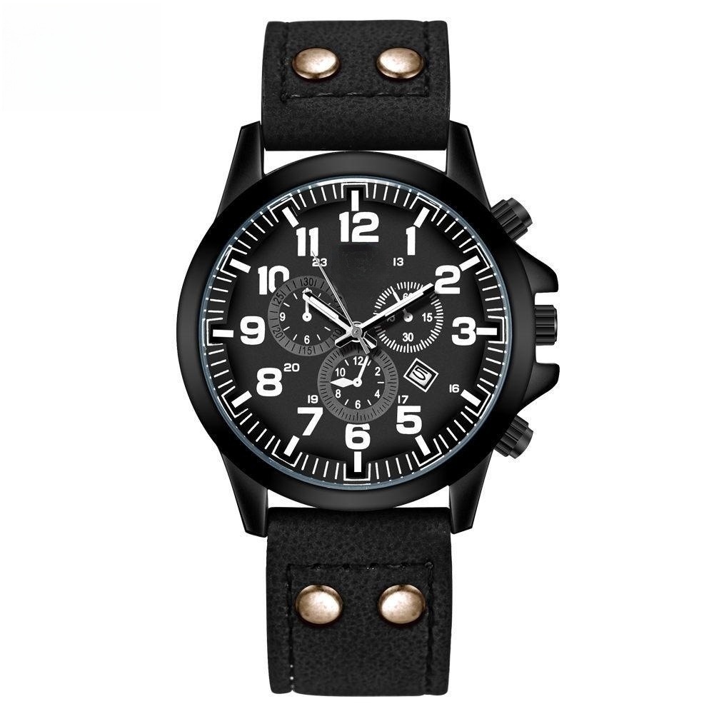 Casual men's quartz watch  Three-Eye fashion calendar watch double nail PU men's watch_voghion.com