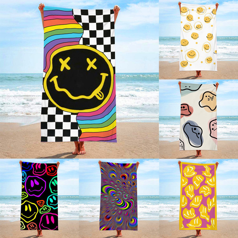 Cross-Border Fashion Smiley Face Printed Microfiber Beach Towel Swimming Bath Towel Seaside Sitting Blanket Shawl Sweat Towel Wholesale
