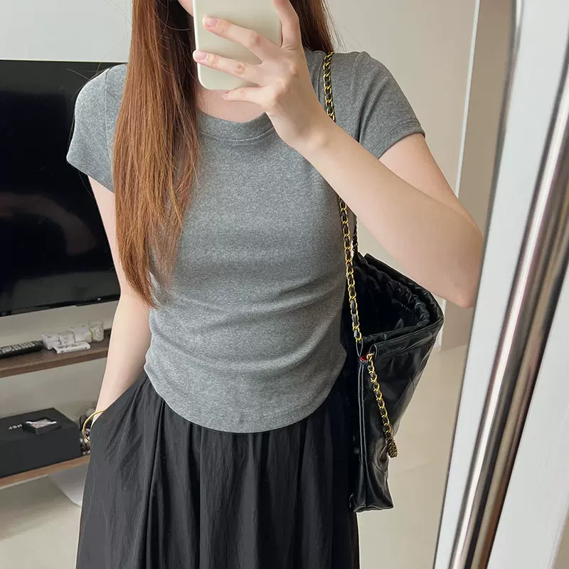 蜜桃T短袖t恤女2024新款修身显瘦弹力紧身短款打底正肩上衣女夏装