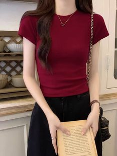 Burgundy Right Shoulder T-Shirt Women's Threaded Elastic Pure Desire Tight Short-Sleeved Summer American Sexy Slim Top Ins Trend