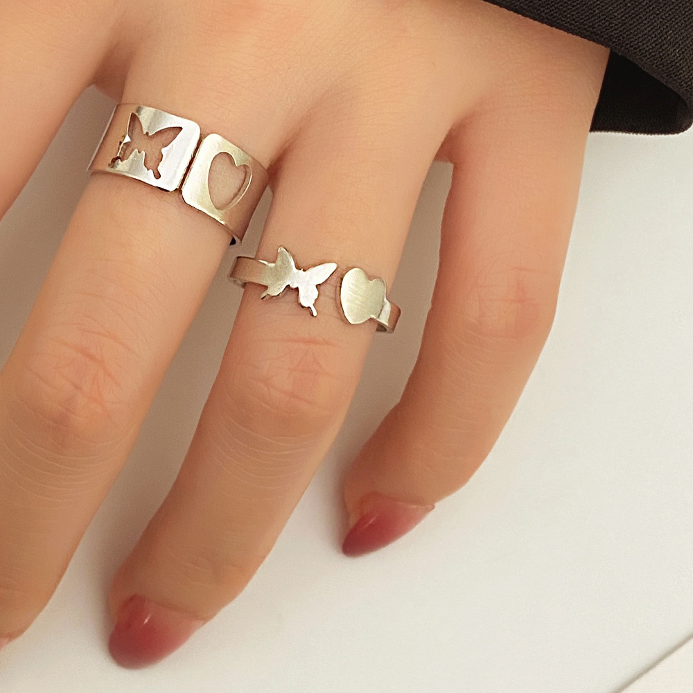 Cross-border exclusive AliExpress new Western-style jewelry Two-in-one openwork butterfly heart ring Gold and silver color