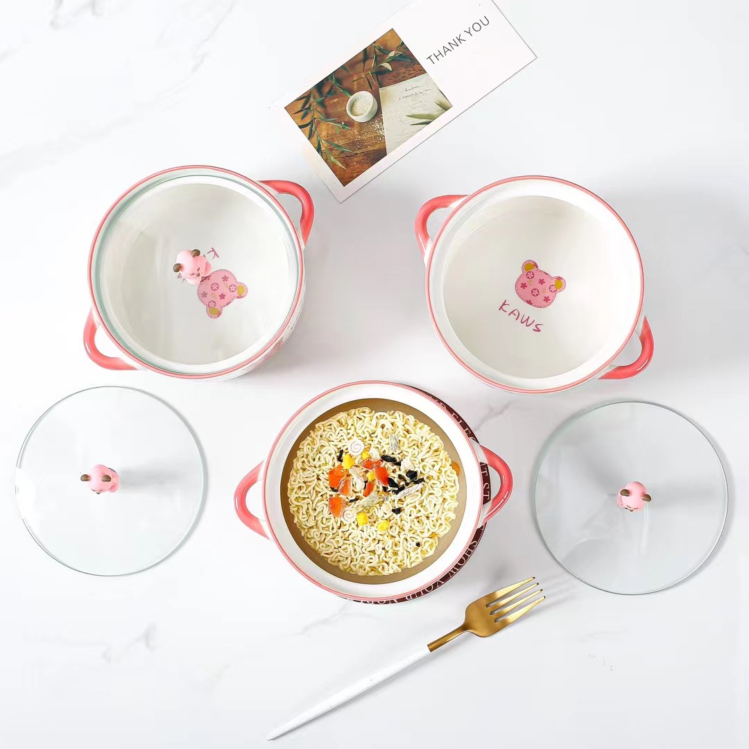 Oso creativo personalidad Rosa chica corazón cerámica tazón de fideos instantáneos con tapa de vidrio Linda muñeca ensalada tazón binaural image 4