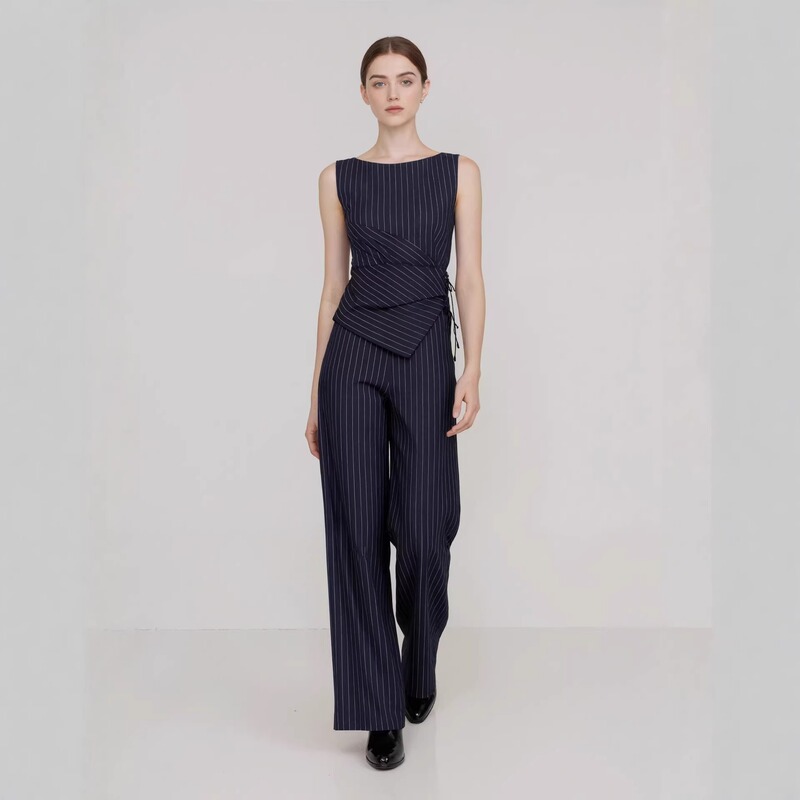 Amazon European and American Cross-Border Professional Women's Suit Striped Fashion Sleeveless Asymmetrical Top Straight-Leg Pants Set Amazon European and American Cross-Border Professional Women's Suit Striped Fashion Sleeveless Asymmetrical Top Straight-Leg Pants Set