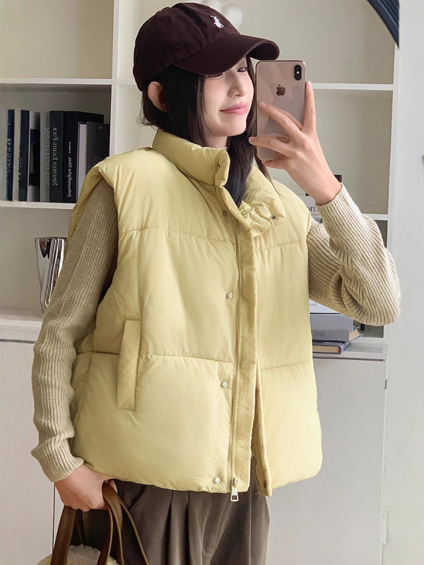 浅蓝色无袖立领羽绒棉服马甲女冬季新款小个子短款保暖面包服外套|undefined