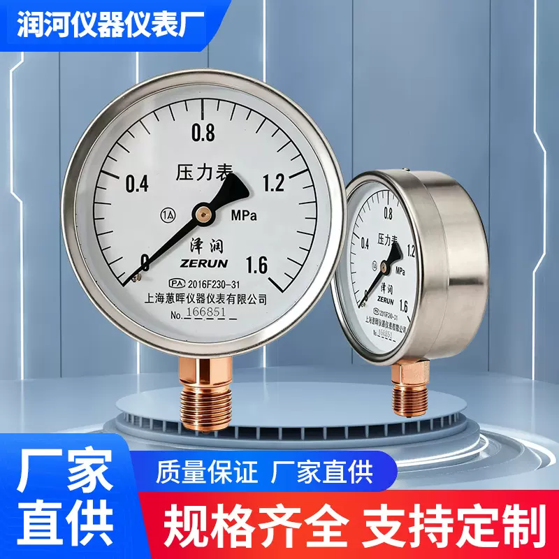 Y100BF304全不锈钢压力表防腐防锈水压表气压表蒸汽表消防管道用